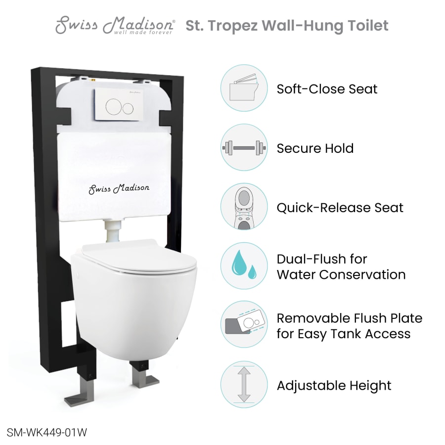 St. Tropez Wall Hung Toilet Bowl 0.8/1.28 GPF Dual Flush Elongated in White
