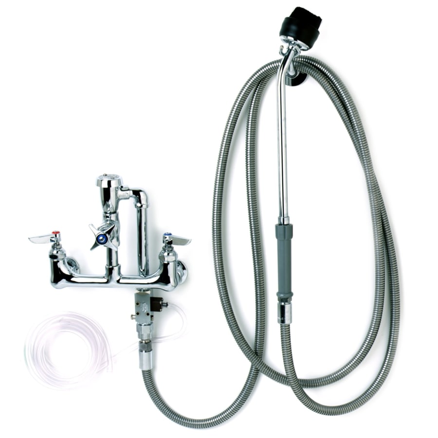 T and S Brass Wall Mounted Cart Wash Spray Unit with Soap Injector and Extended Angled Spray Nozzle - Includes Brush Attachment, and 104" Flexible Hose Chrome