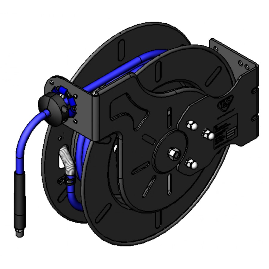 T and S Brass Open Coated Hose Reel with 50' Hose, Extended Spray Wand, Spray Valve, and Swivel Blue
