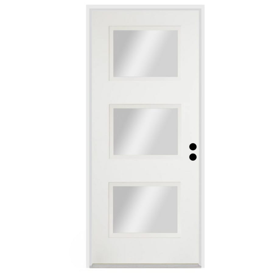 Trimlite 36"W x 80"H Clear 3 Lite Contemporary Left Handed Exterior Prehung Entry Door with Satin Nickel Hinges, 6-9/16" Door Jamb, and Mill Sill Primed