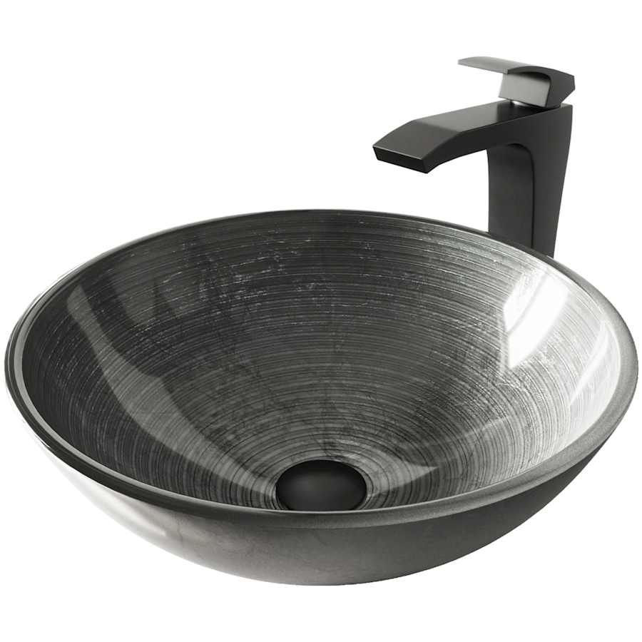 Vigo Giovanni 17" Circular Glass Vessel Bathroom Sink with 1.2 GPM 12" Deck Mounted Bathroom Faucet and Pop-Up Drain Assembly Matte Black
