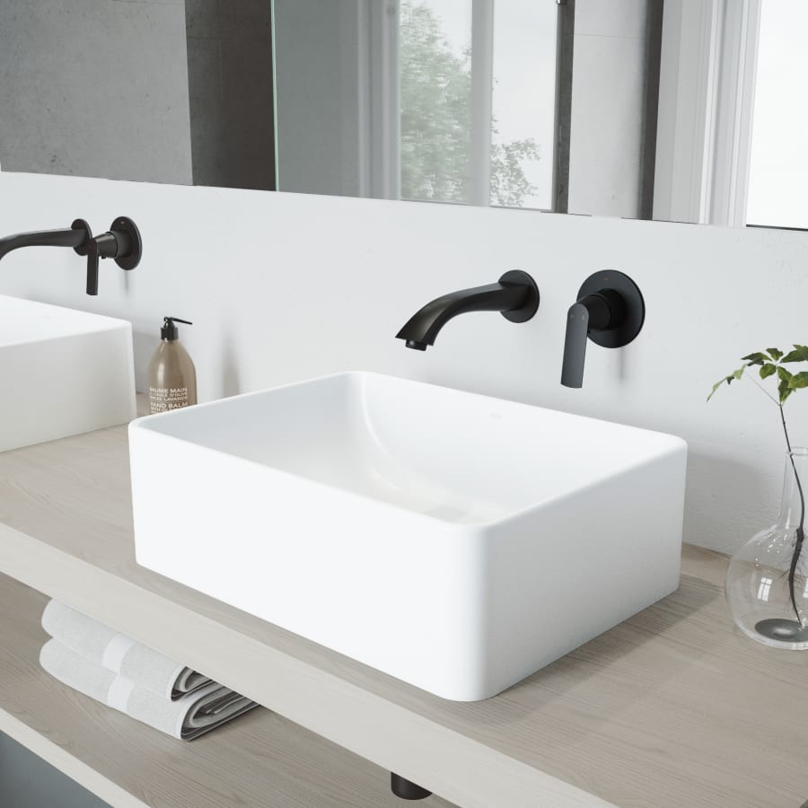 Amaryllis Matte StoneTM Vessel Bathroom Sink Set with Aldous Wall Mount Faucet in Matte Black