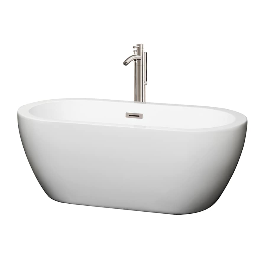 Wyndham Collection Soho 60" Free Standing Acrylic Soaking Tub with Center Drain, Drain Assembly, and Overflow - Includes Floor Mounted Tub Filler with Hand Shower White / Brushed Nickel Trim