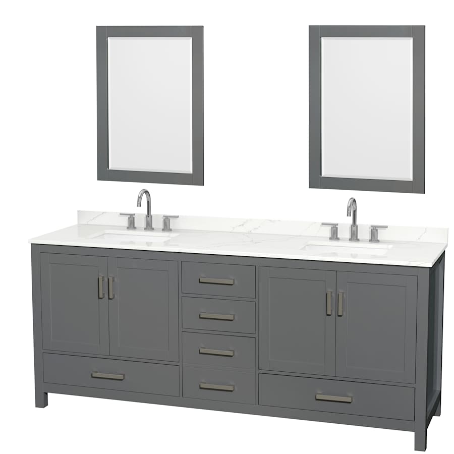 Wyndham Collection Sheffield 80" Free Standing Double Basin Vanity Set with Cabinet, Quartz Vanity Top, and Framed Mirror Dark Gray / Giotto Quartz Top / Brushed Chrome Hardware