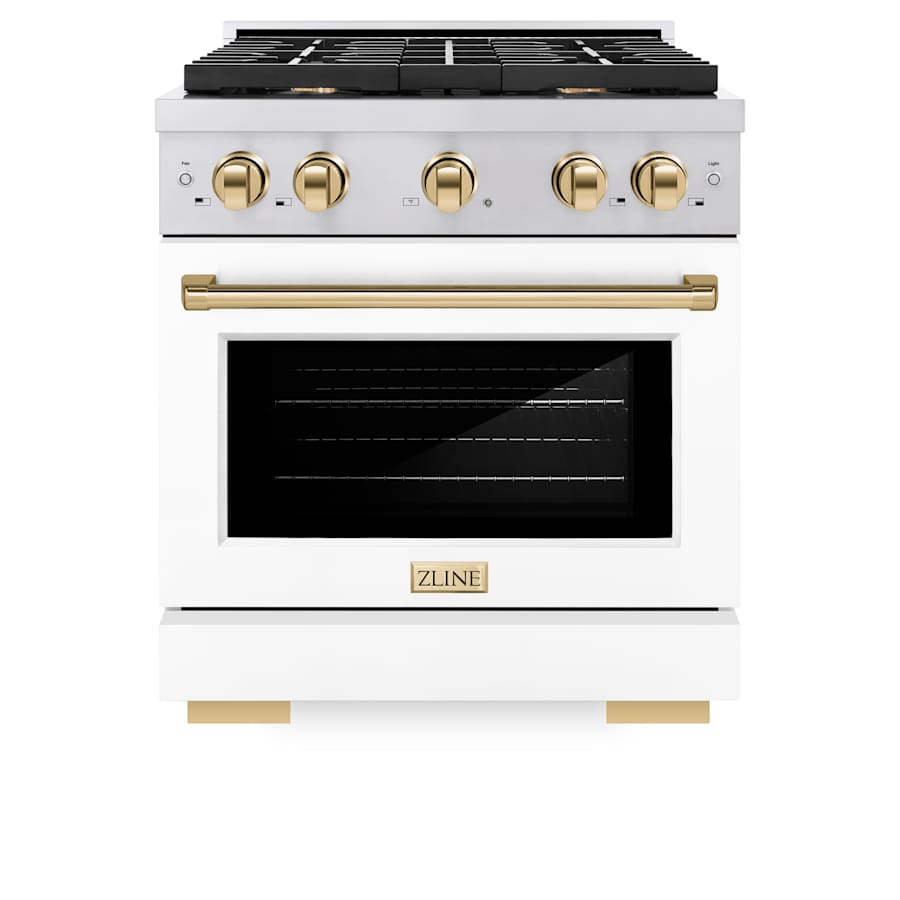 ZLINE 30 Inch Wide 4.2 Cu. Ft. Free Standing Dual Fuel Range with Horizon Oven Window, Polished Gold Accents, and White Matte Door Stainless Steel / White Matte