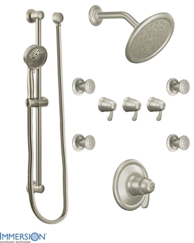 Moen 775BN Brushed Nickel Thermostatic Shower System with Rain Shower, 3 Volume Controls, 4 Body