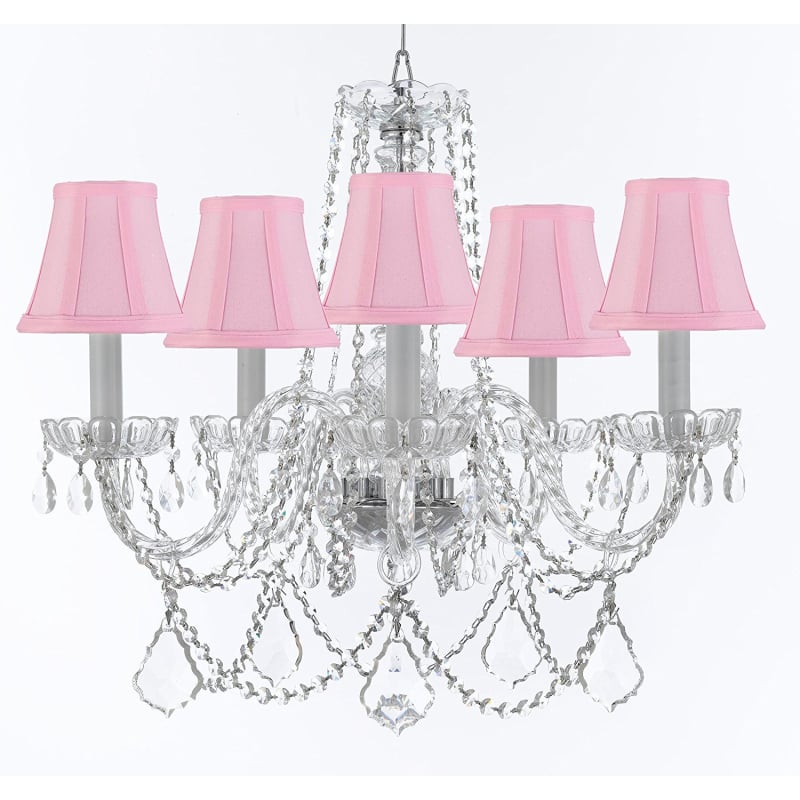 Murano 5 Light Crystal Plug In Chandelier with Pink Fabric Murano 5 Light Crystal Plug In Chandelier with Pink Fabric