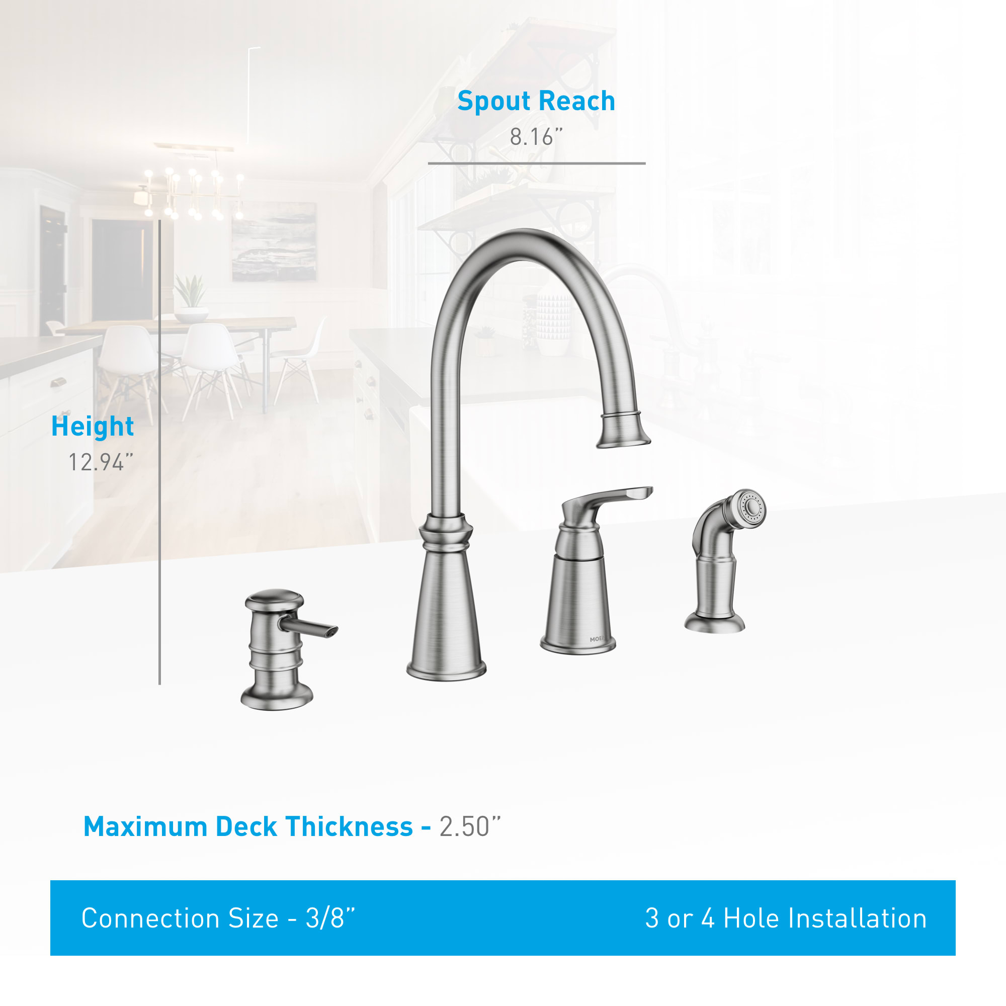 Moen 87044srs Spot Resist Stainless Whitmore Single Handle High Arch Kitchen Faucet With Side Spray And Soap Dispenser Faucetdirect Com