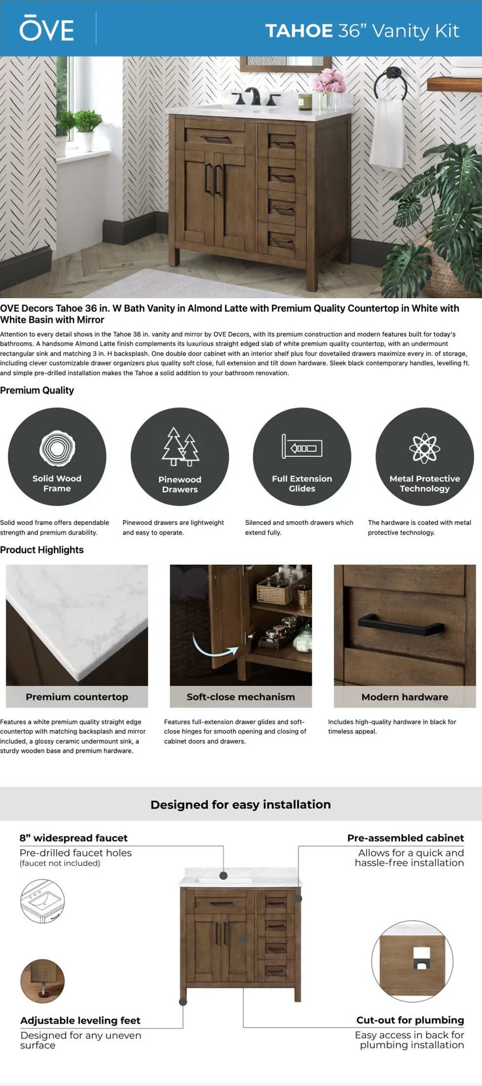 Ove Decors 36 Inch Vanity Kit Details