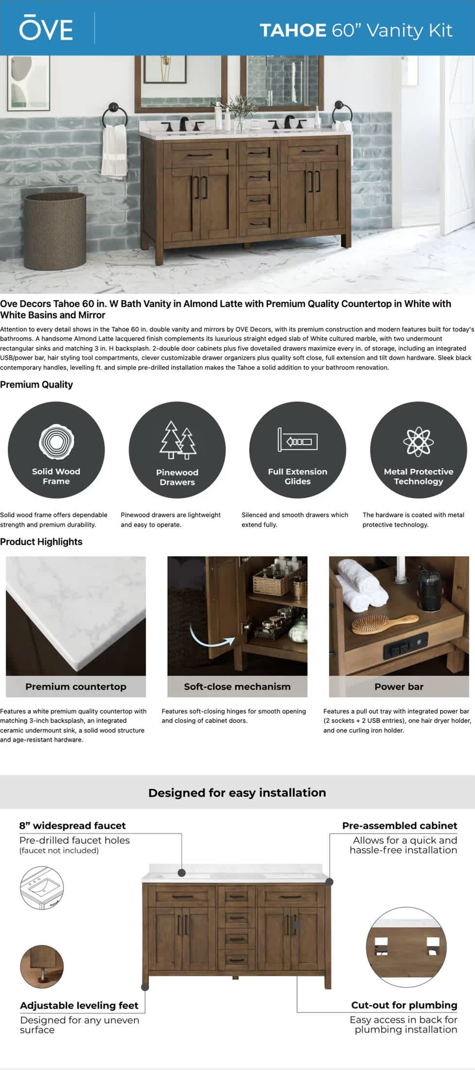 Ove Decors 60 Inch Vanity Kit Details
