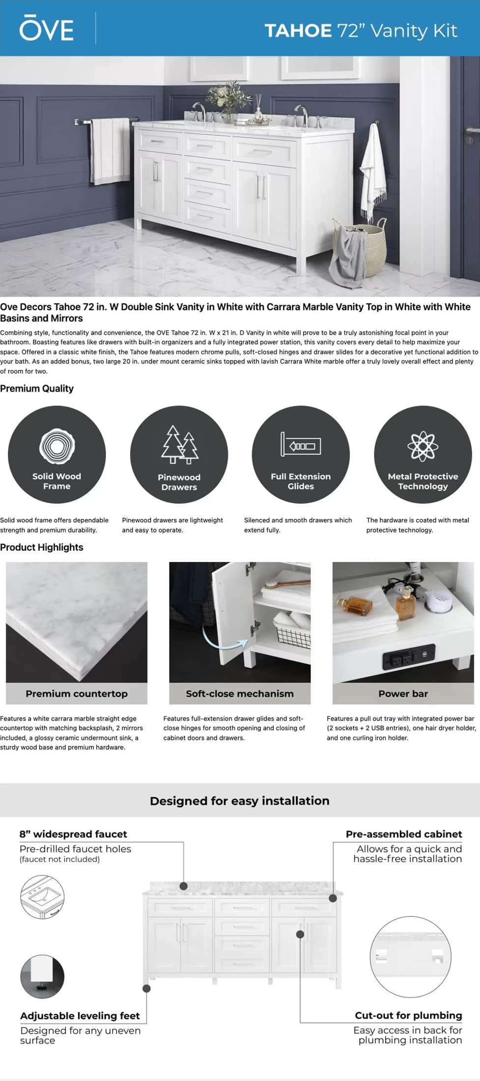 Ove Decors 72 Inch Vanity Kit Details