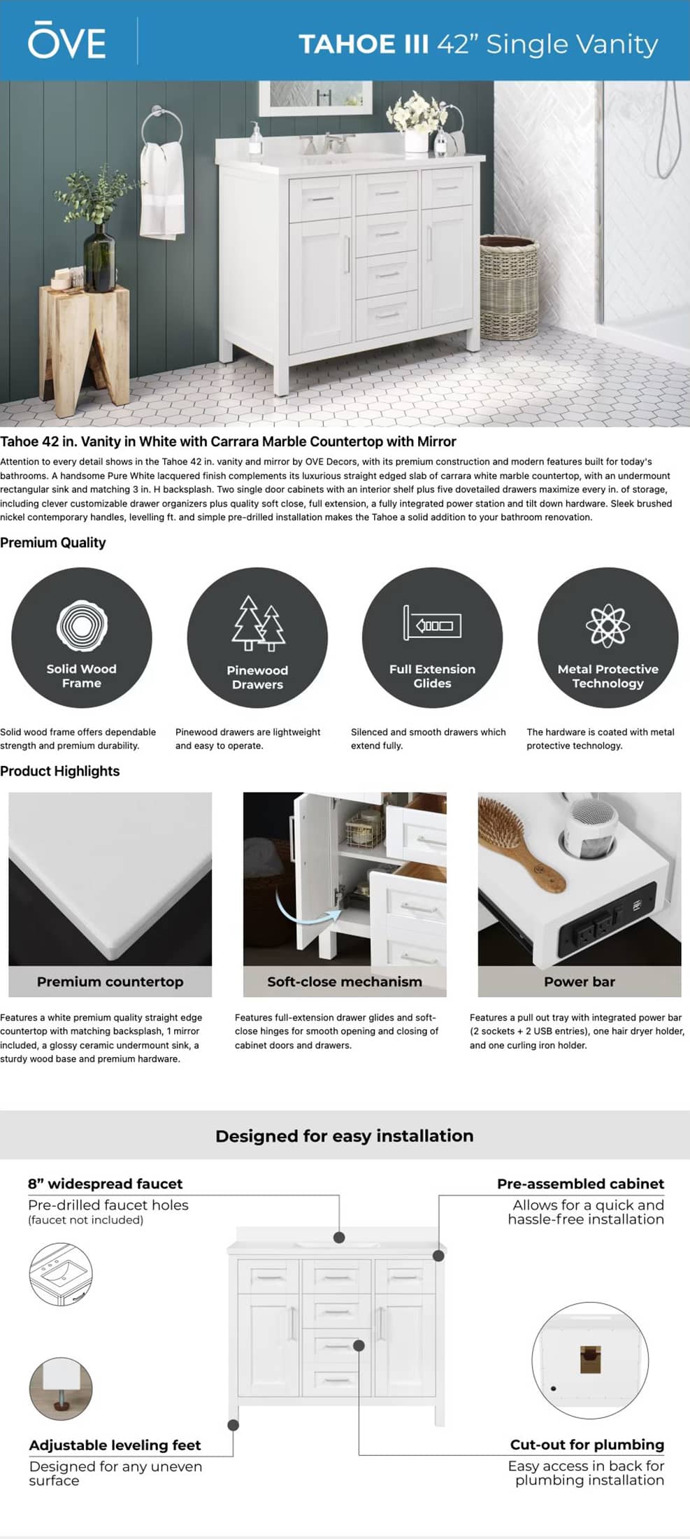 Ove Decors 42 Inch Single Vanity Details