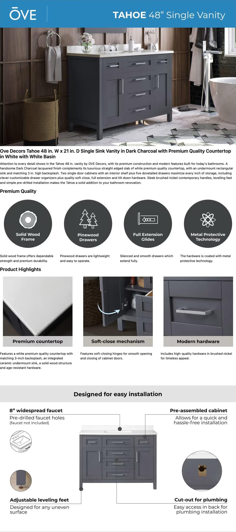 Ove Decors 48 Inch Single Vanity Details