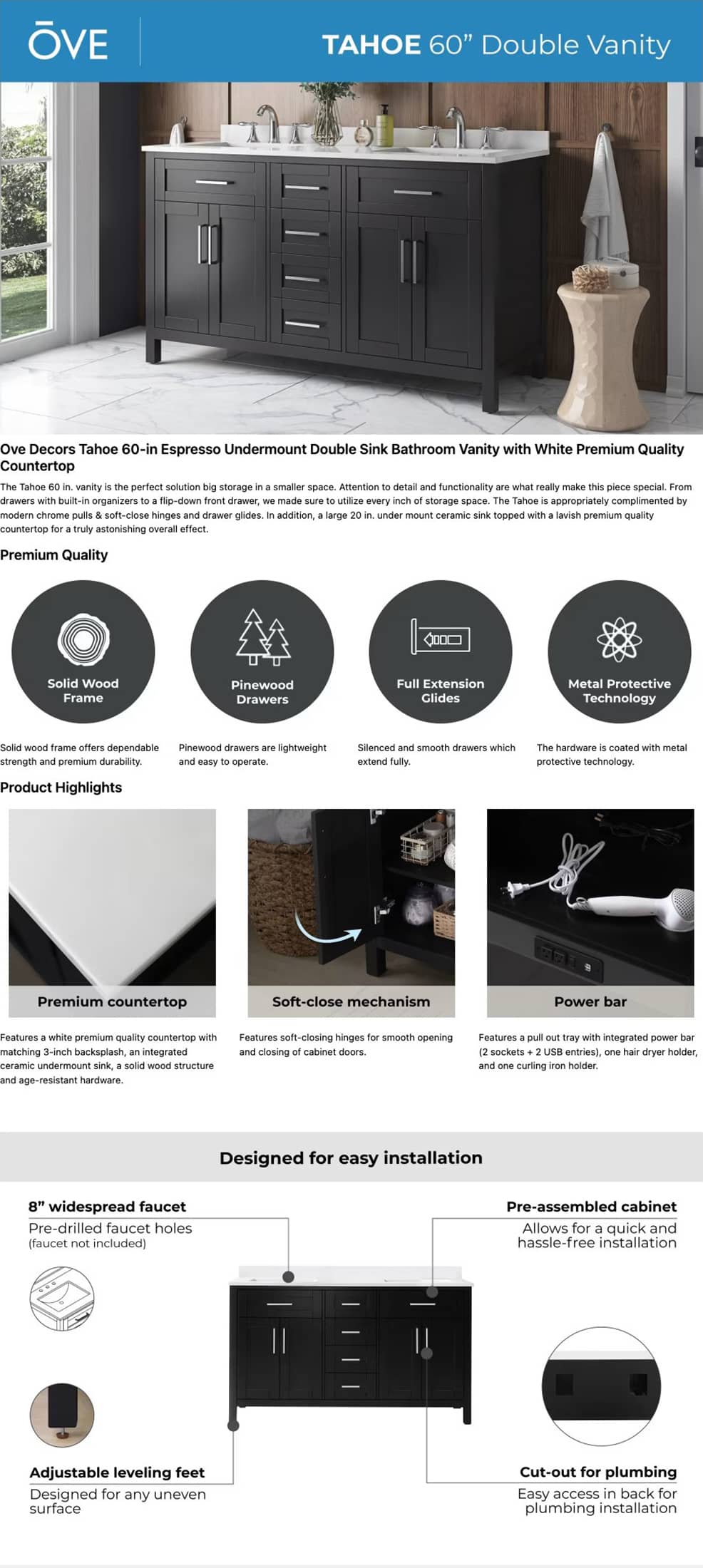 Ove Decors 60 Inch Double Vanity Details