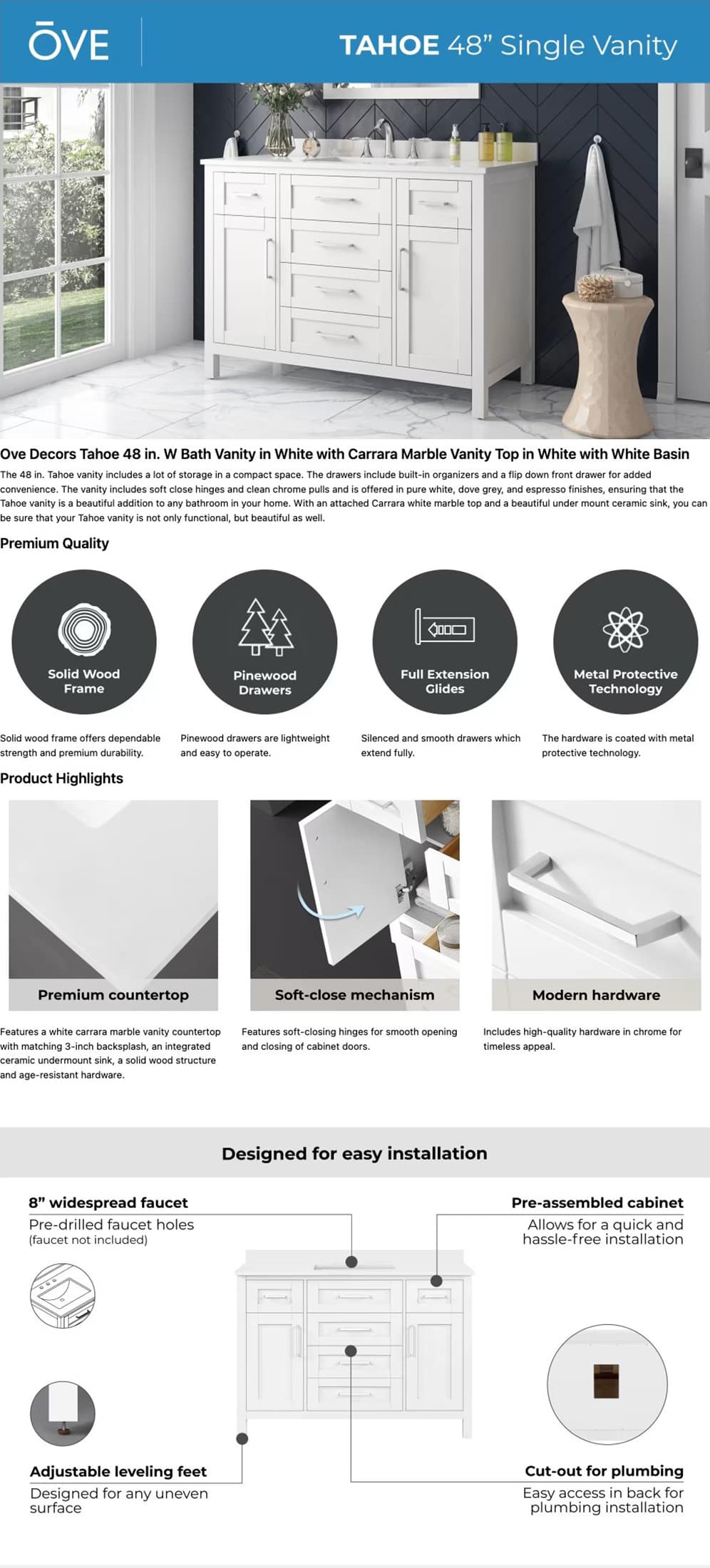 Ove Decors 48 Inch Single Vanity Details