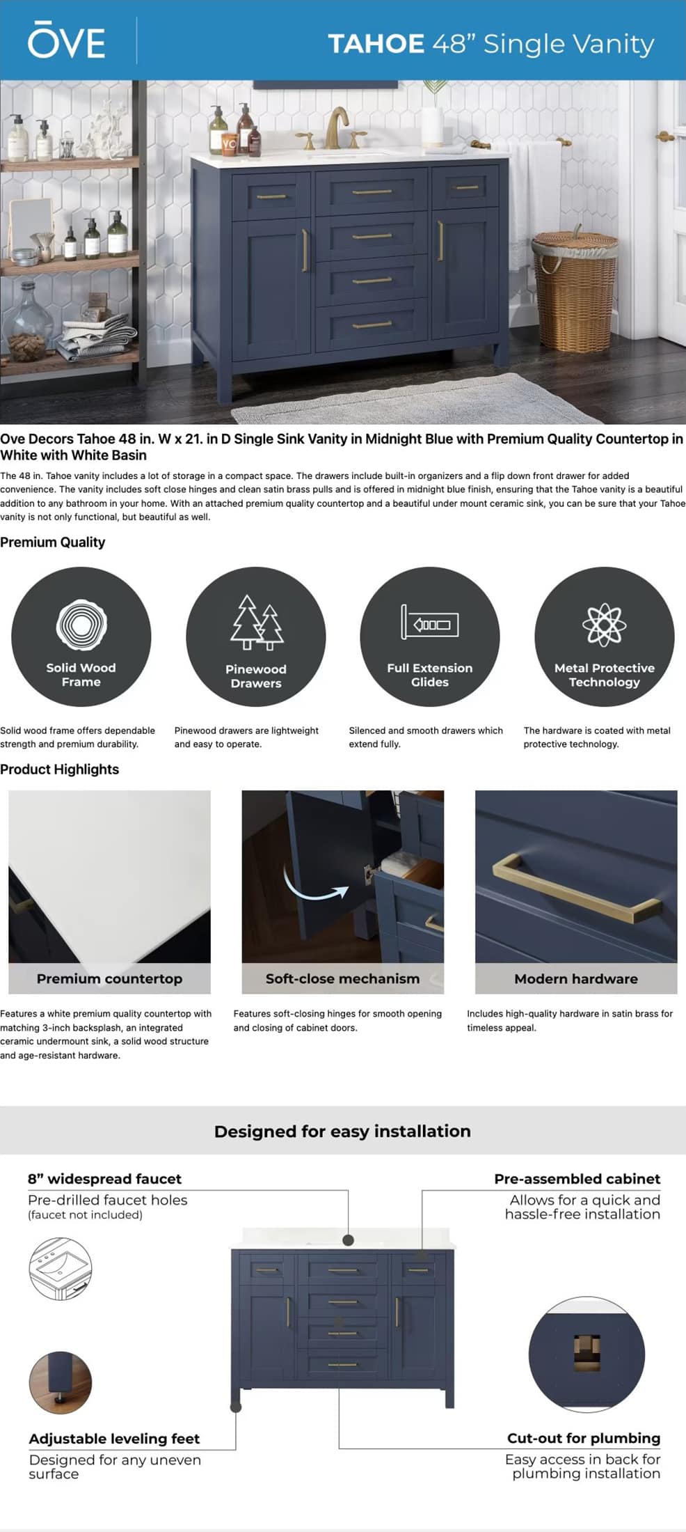 Ove Decors 48 Inch Single Vanity Details