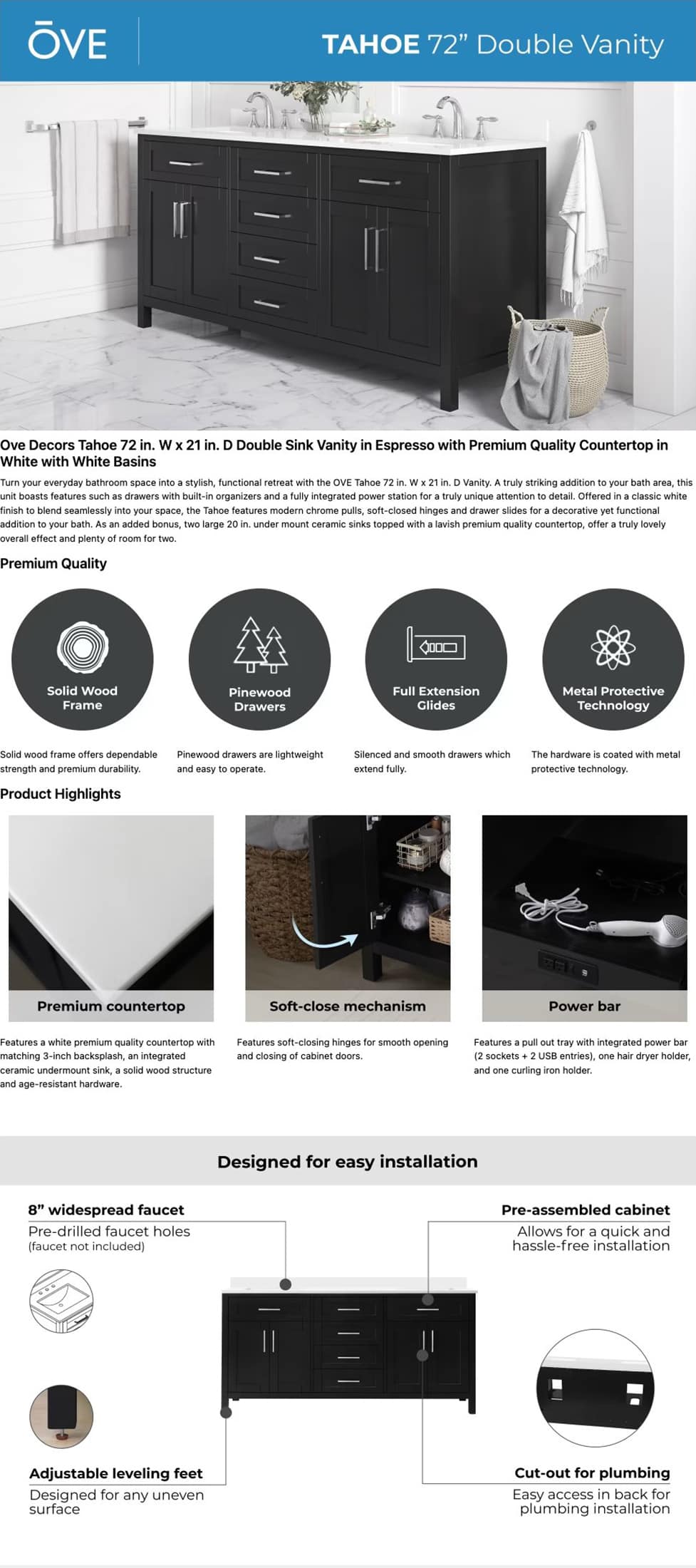Ove Decors 72 Inch Double Vanity Details