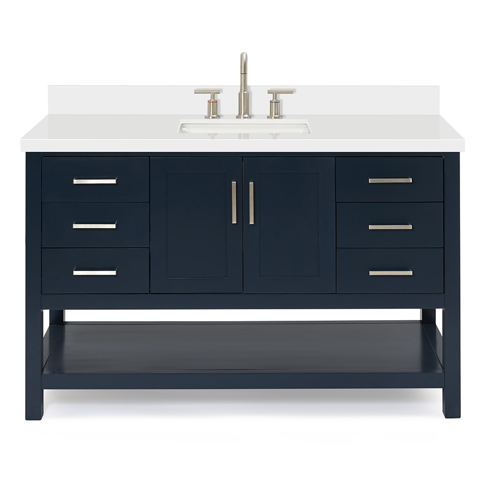 Ariel S055SWQRVO Magnolia 54" Free Standing Single Basin Vanity Set with Cabinet and Quartz Vanity Top Midnight Blue / Pure White Top Bathroom Storage