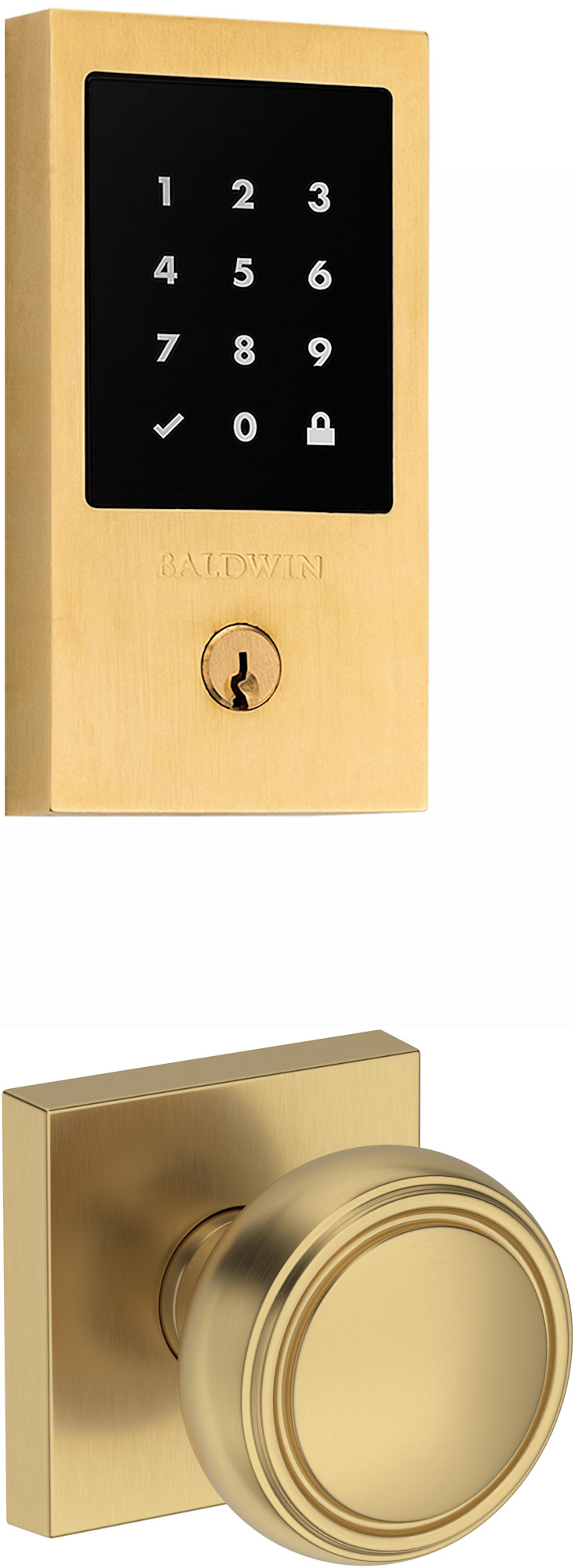 Baldwin 8225xPS.BRE.CSR Minneapolis Keyless Entry Touchscreen Deadbolt and Bremerton Knob Set Combo Pack Lifetime Satin Brass Door Hardware Door Knob