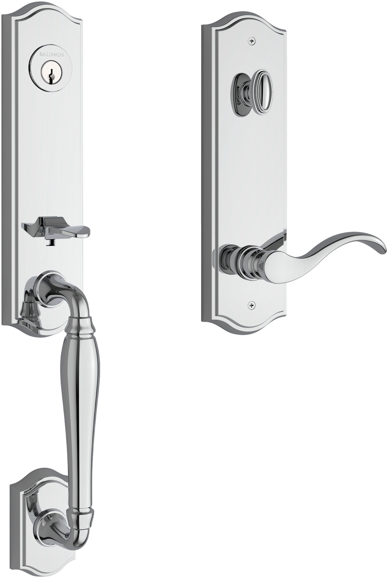 Baldwin EE.NEWxCUR.R.TAE New Hampshire One Piece Single Cylinder Keyed Entry Handleset with Right Handed Interior Curve Lever and Emergency Egress