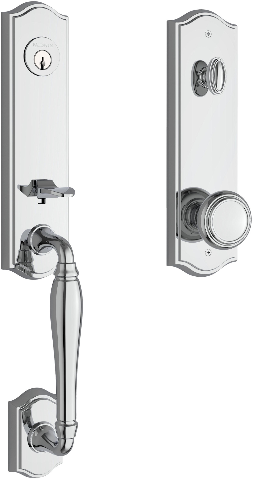 Baldwin EE.NEWxTRA.TAE New Hampshire One Piece Single Cylinder Keyed Entry Handleset with Interior Traditional Knob and Emergency Egress Function