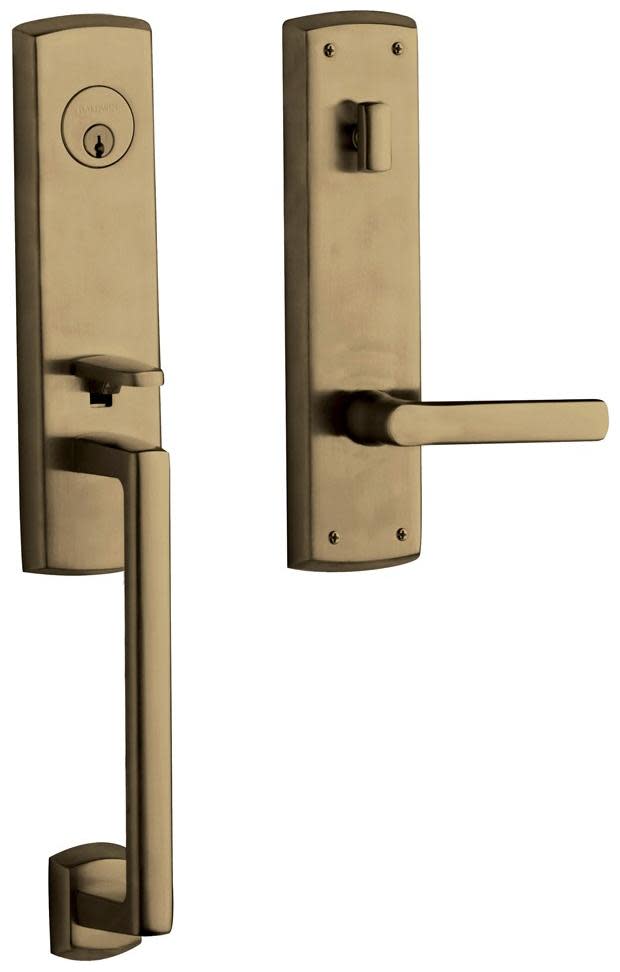 Baldwin M516.RFD Soho Right Hand Dummy Entrance Handleset Trim Set with 5485 Estate Collection Lever Satin Brass and Black Door Hardware Mortise Locks