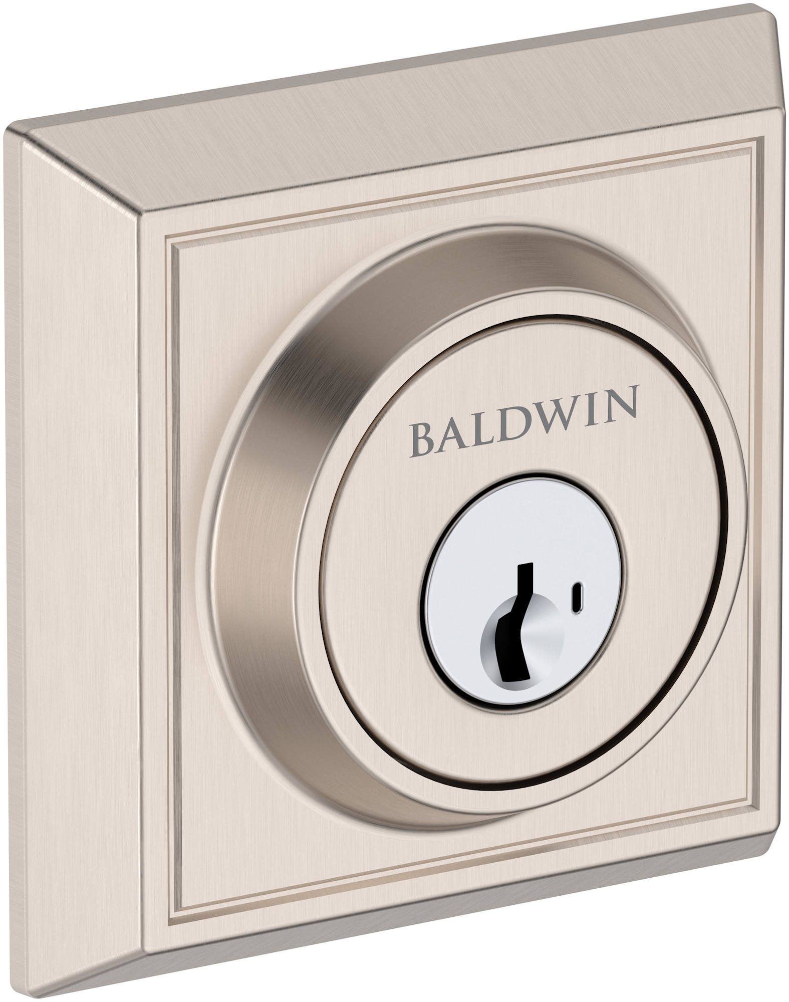 Baldwin SC.CHD.SMT Chamfered Square Solid Brass Single Cylinder Keyed Entry Deadbolt with SmartKey from the Reserve Collection Satin Nickel Door