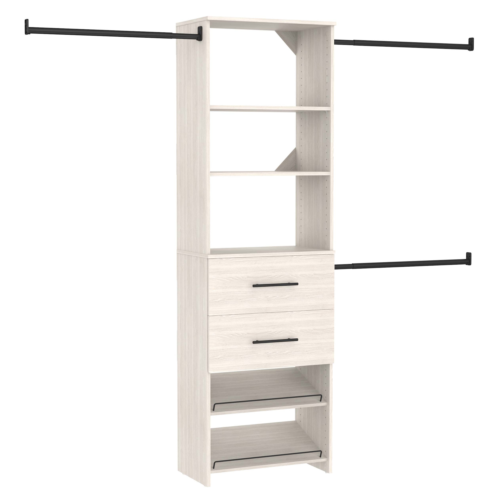 ClosetMaid 10000-05928 SuiteSymphony 5 to 10 Foot Wide Closet System with 3 Rods 2 Drawers and 2 Angled Shoe Shelves White Timber Storage and