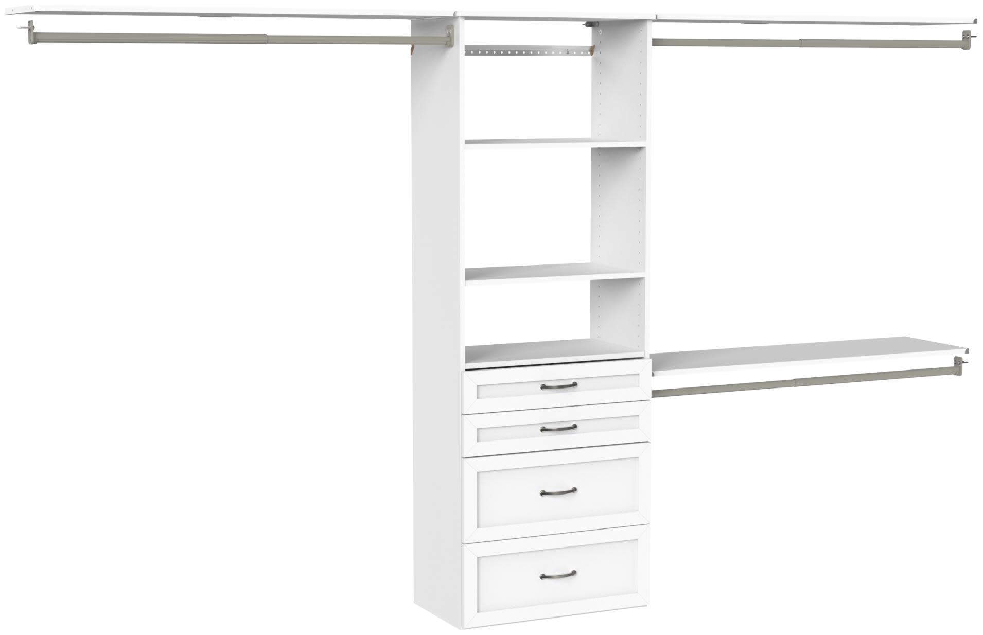 ClosetMaid 10000-07311 SuiteSymphony 5 to 10 Foot Wide Closet System with Two Hanging Rods Three Drawers and Shoe Shelf White Storage and