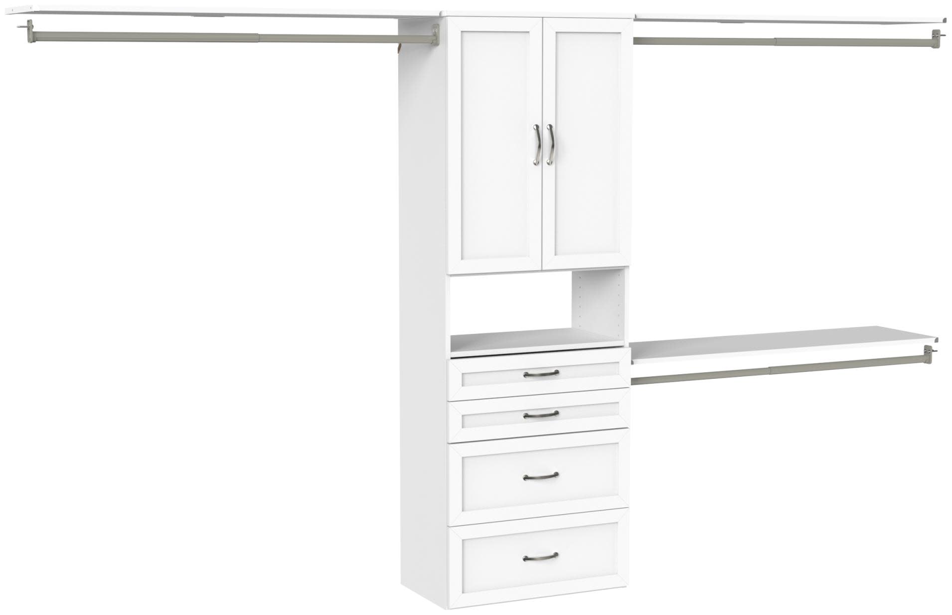 ClosetMaid 10000-07312 SuiteSymphony 5 to 10 Foot Wide Closet System with Two Hanging Rods Cabinet Doors 4 Drawers Adjustable Shelves and Shoe