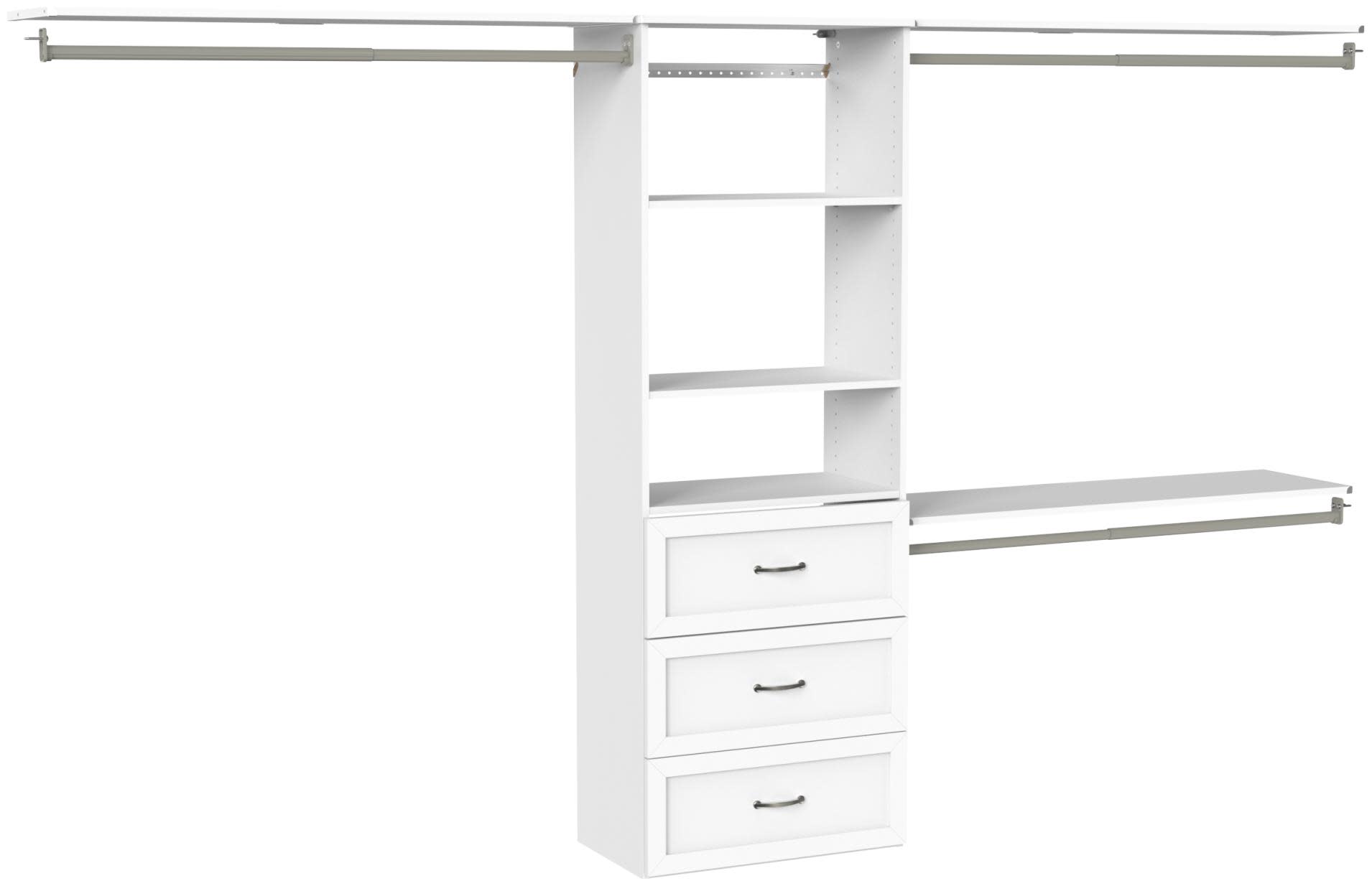 ClosetMaid 10000-07313 SuiteSymphony 5 to 10 Foot Wide Closet System with Two Hanging Rods 3 Drawers Adjustable Shelves and Shoe Shelf White