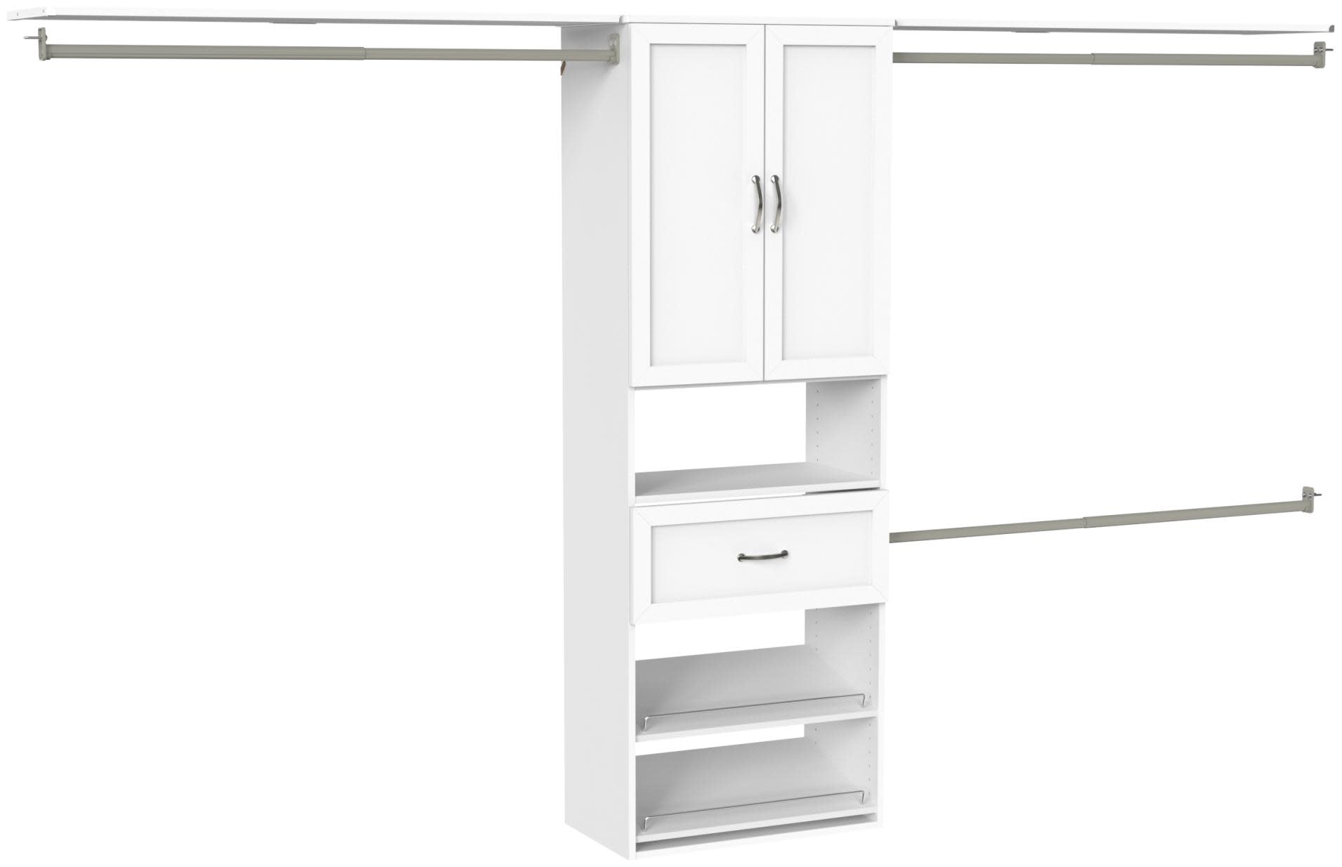 ClosetMaid 10000-07315 SuiteSymphony 5 to 10 Foot Wide Closet System with Two Hanging Rods Upper Cabinet Single Drawer and Open Shoe Shelves White