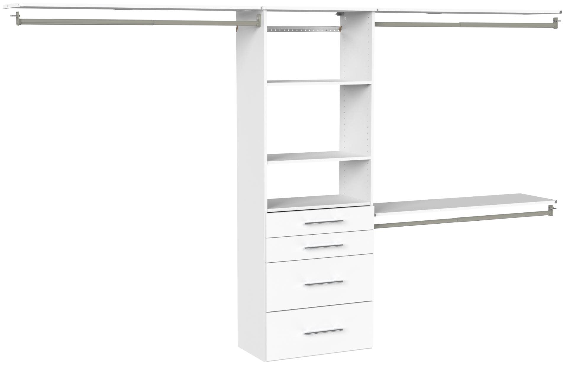 ClosetMaid 10000-07316 SuiteSymphony 5 to 10 Foot Wide Closet System with Two Hanging Rods 4 Drawers Adjustable Shelves and Shoe Shelf White