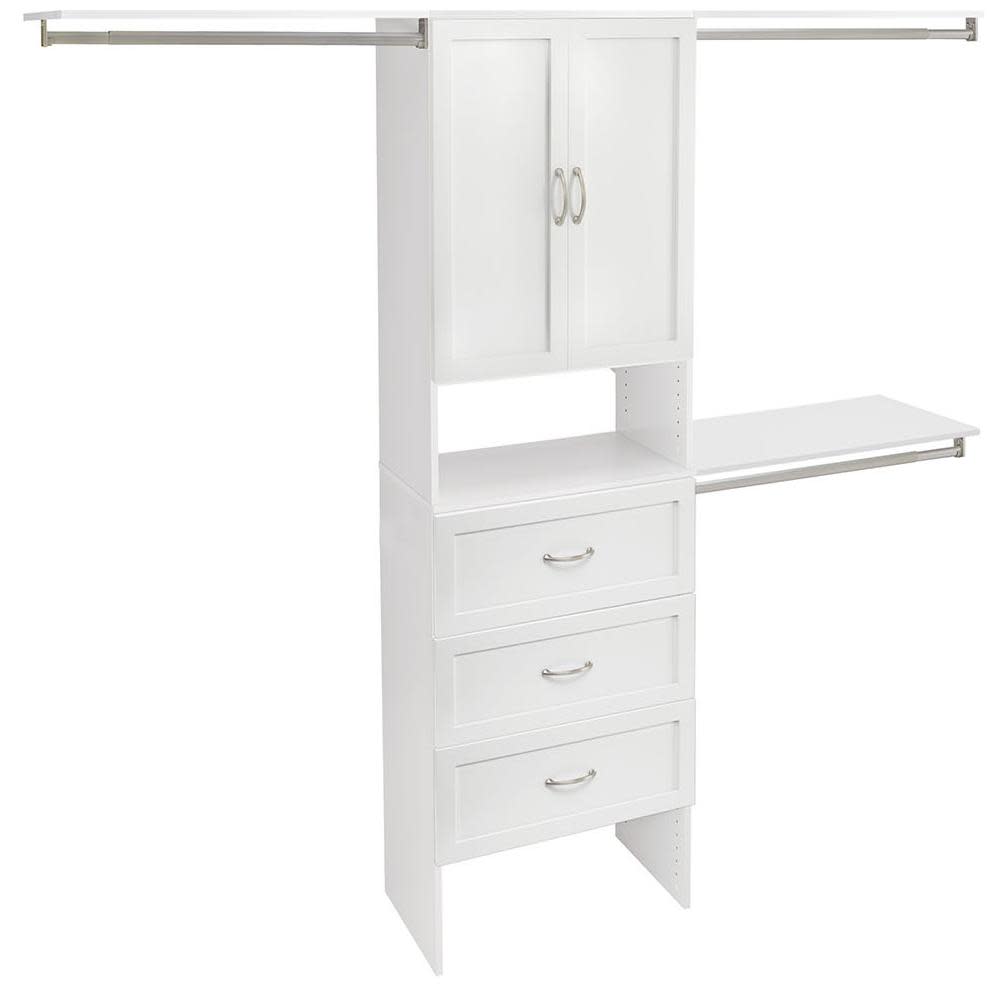 ClosetMaid 1934940 SuiteSymphony Adjustable Width 7 to 10 Ft Wide Closet System Kit Cabinet Drawers Hanging Rods and Doors Pure White Storage and