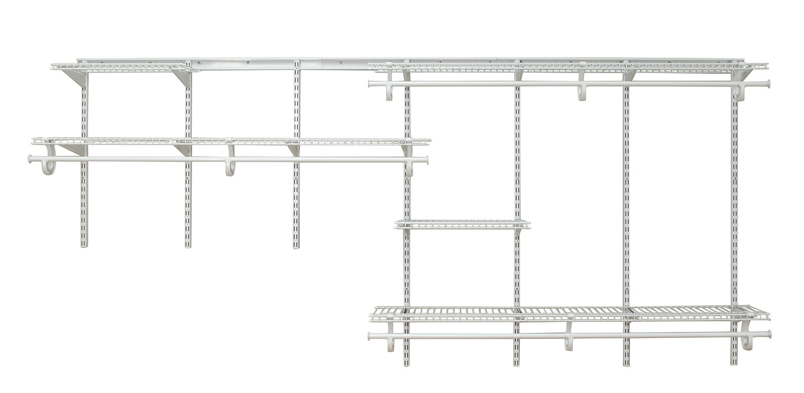 ClosetMaid 209100 ShelfTrack 7 to 10 Foot Wide Ventilated Wire Closet System Organizer Kit with 5 Shelves and 3 Hanging Rods White Storage and