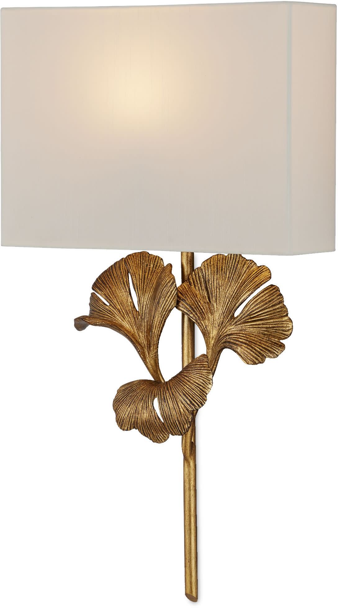 Photos - Chandelier / Lamp Gingko Currey and Company 5178  1 Light Wall Sconce with Off White Shantung Shade Chinois Antique Gold Leaf Indoor Lighting W 