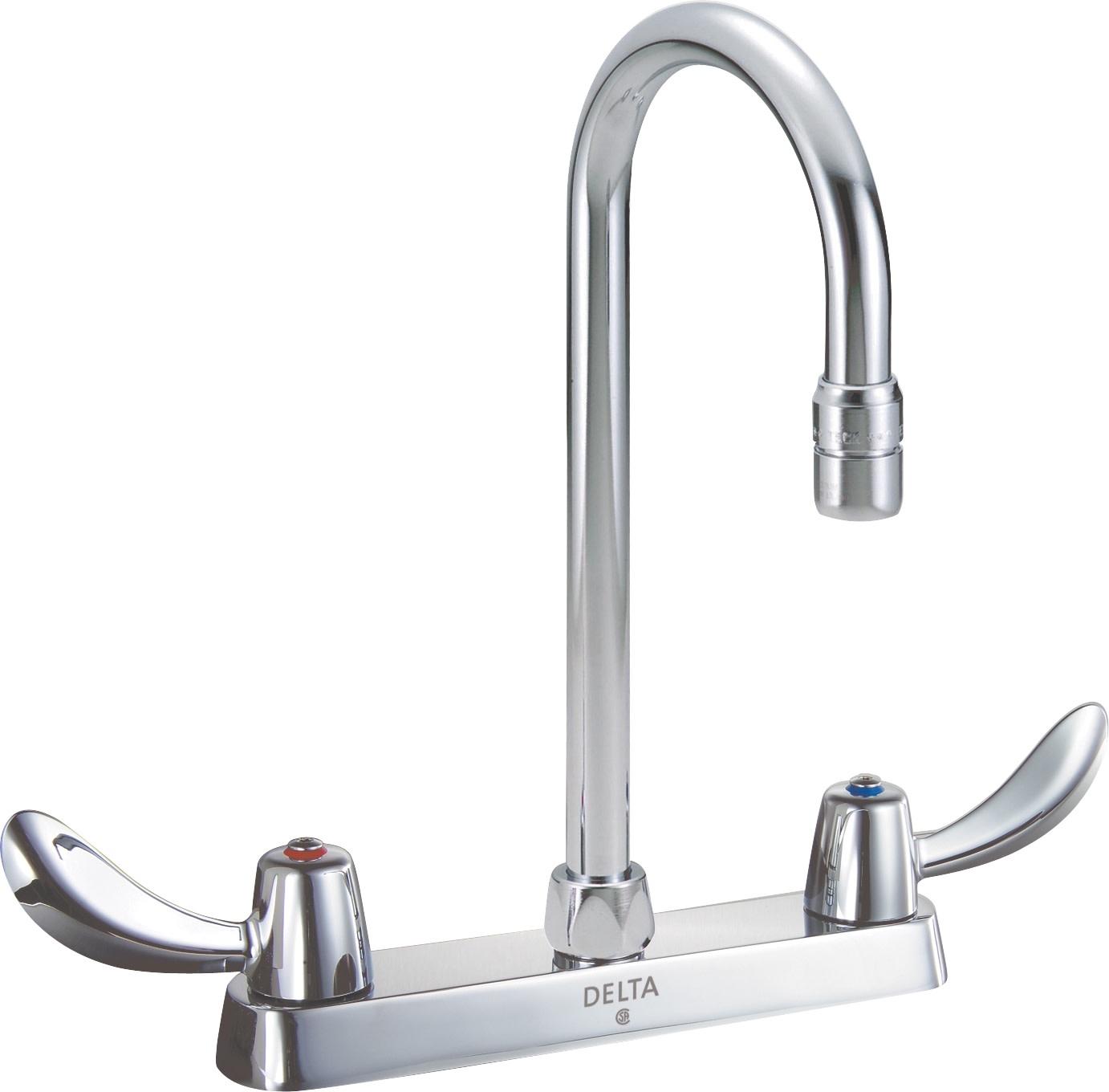Delta 26C3932 Double Handle 1.5GPM Ceramic Disc Kitchen Faucet with Hooded Blade Handles Gooseneck Spout and Vandal Resistant Aerator from the