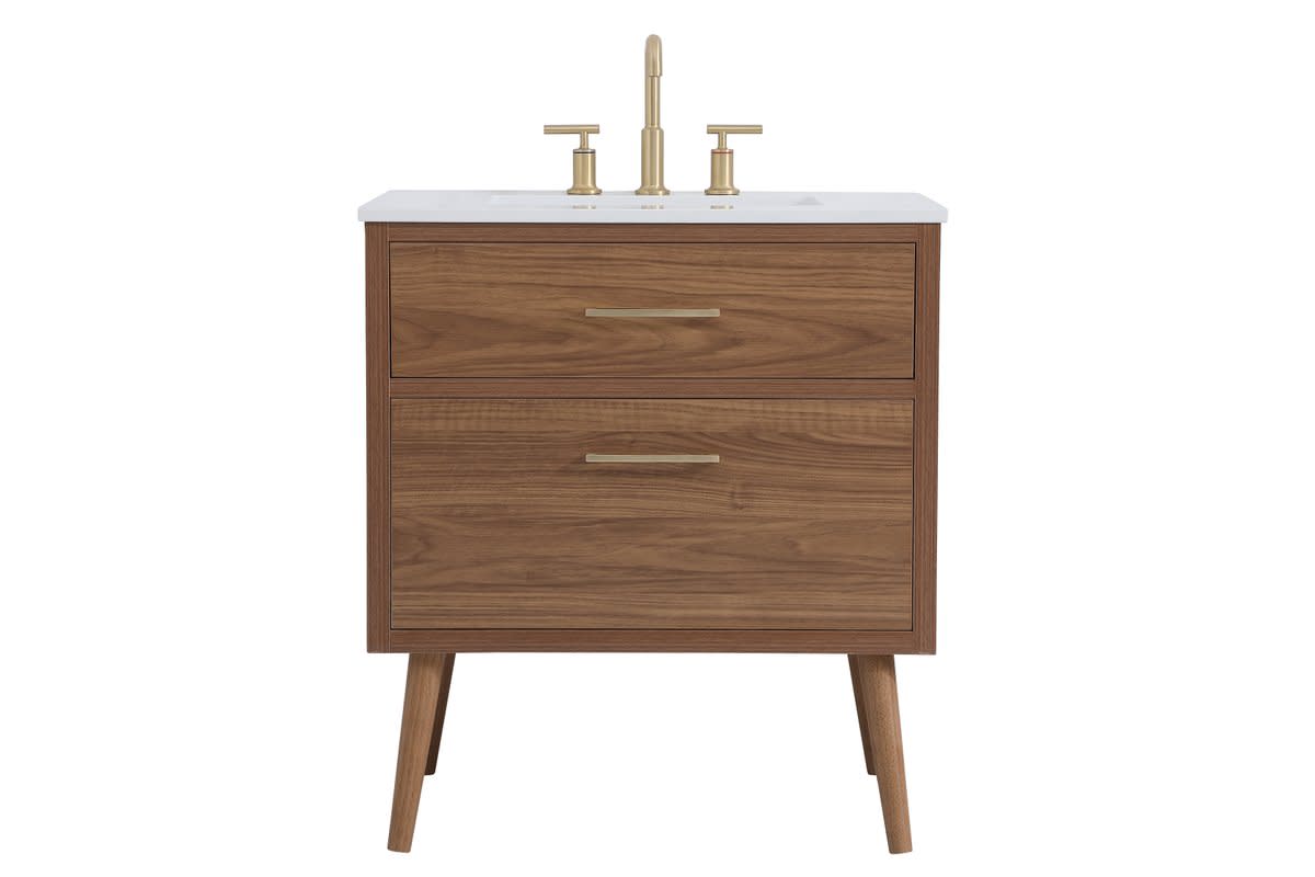 Photos - Washbasin cabinet Elegant Lighting VF41030 Boise 30" Free Standing Single Basin Vanity Set with Cabinet and Engineered Marble Vanity Top Walnu 