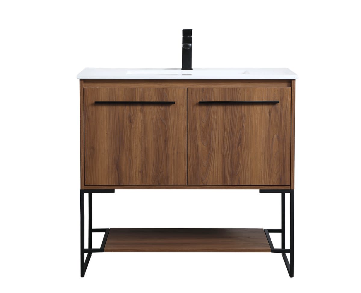 Photos - Washbasin cabinet Elegant Lighting VF42036 Gerard 36" Free Standing Single Basin Vanity Set with Cabinet and Resin Vanity Top Walnut Brown Bat 