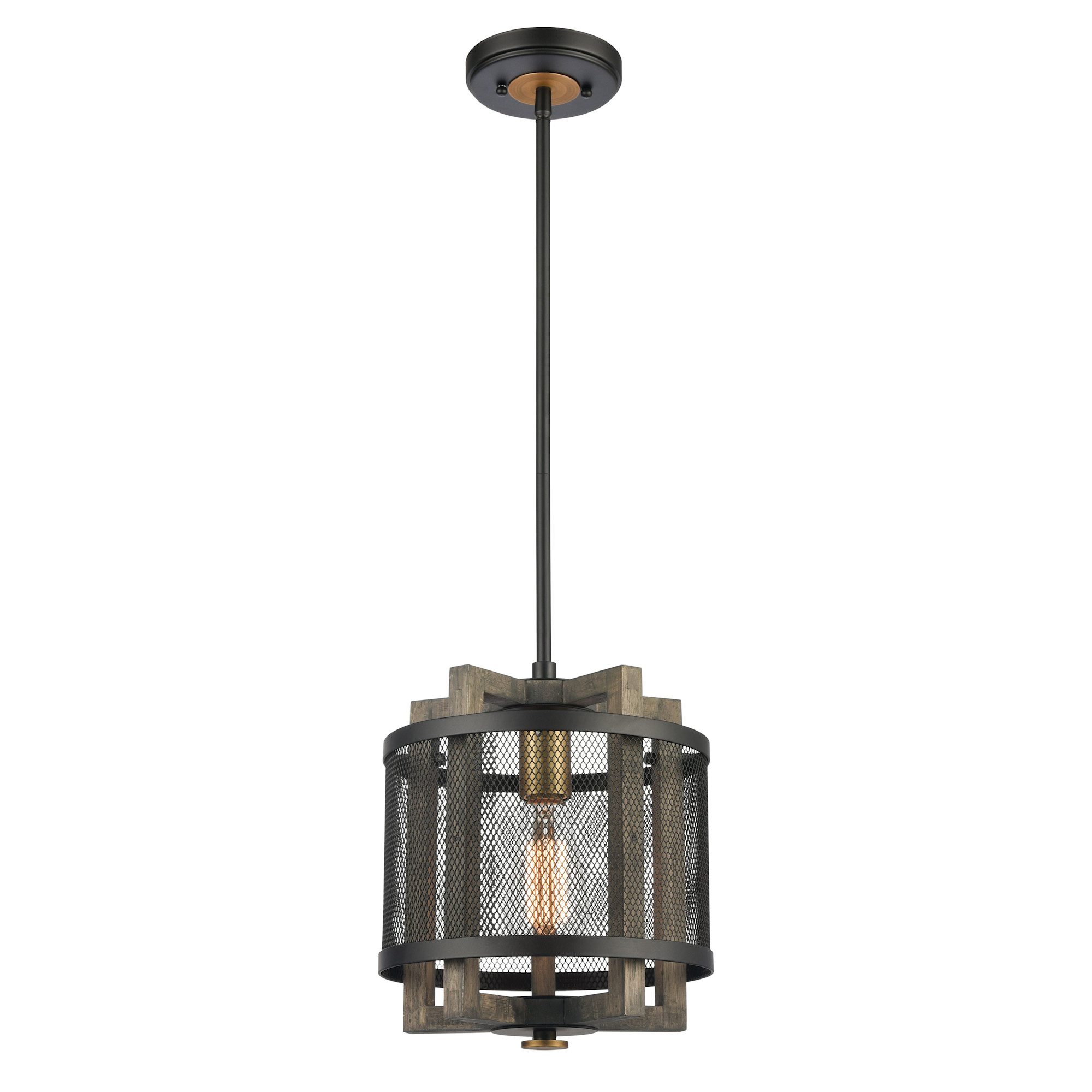 Photos - Chandelier / Lamp Woodbridge Elk Lighting 16546/1  10" Wide Cage Pendant Matte Black / Weathered Oak / Aged Brass Indoor Lighting Pendants 