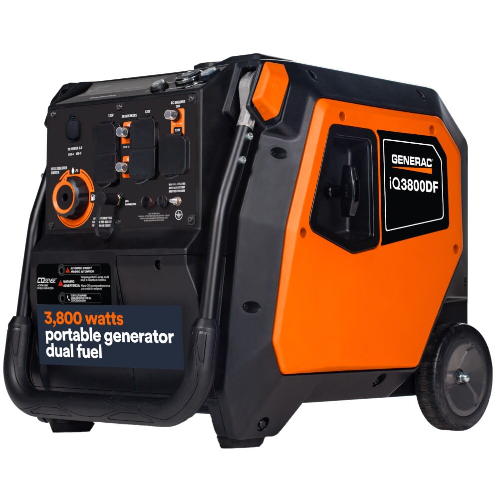 Generac G0089460 IQ Series 3000 Watt (120V) Electric Button / Recoil Start Multi-Fuel Inverter Portable Generator with COsense (CARB) Generators