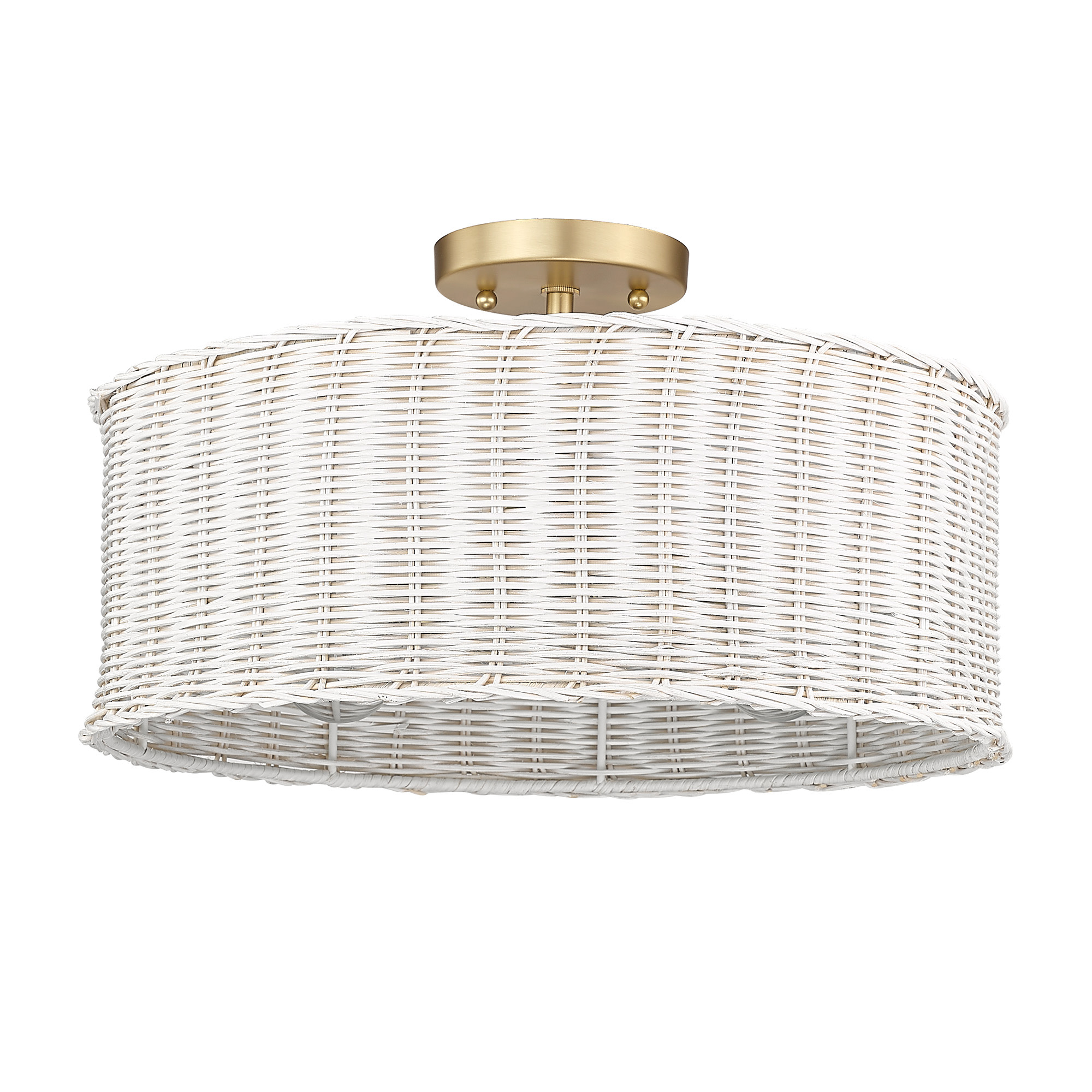 Photos - Chandelier / Lamp Wide Golden Lighting 1084-SF WW Erma 3 Light 16"  Semi-Flush Drum Ceiling Fixture with White Wicker Shade Brushed Champagne B 