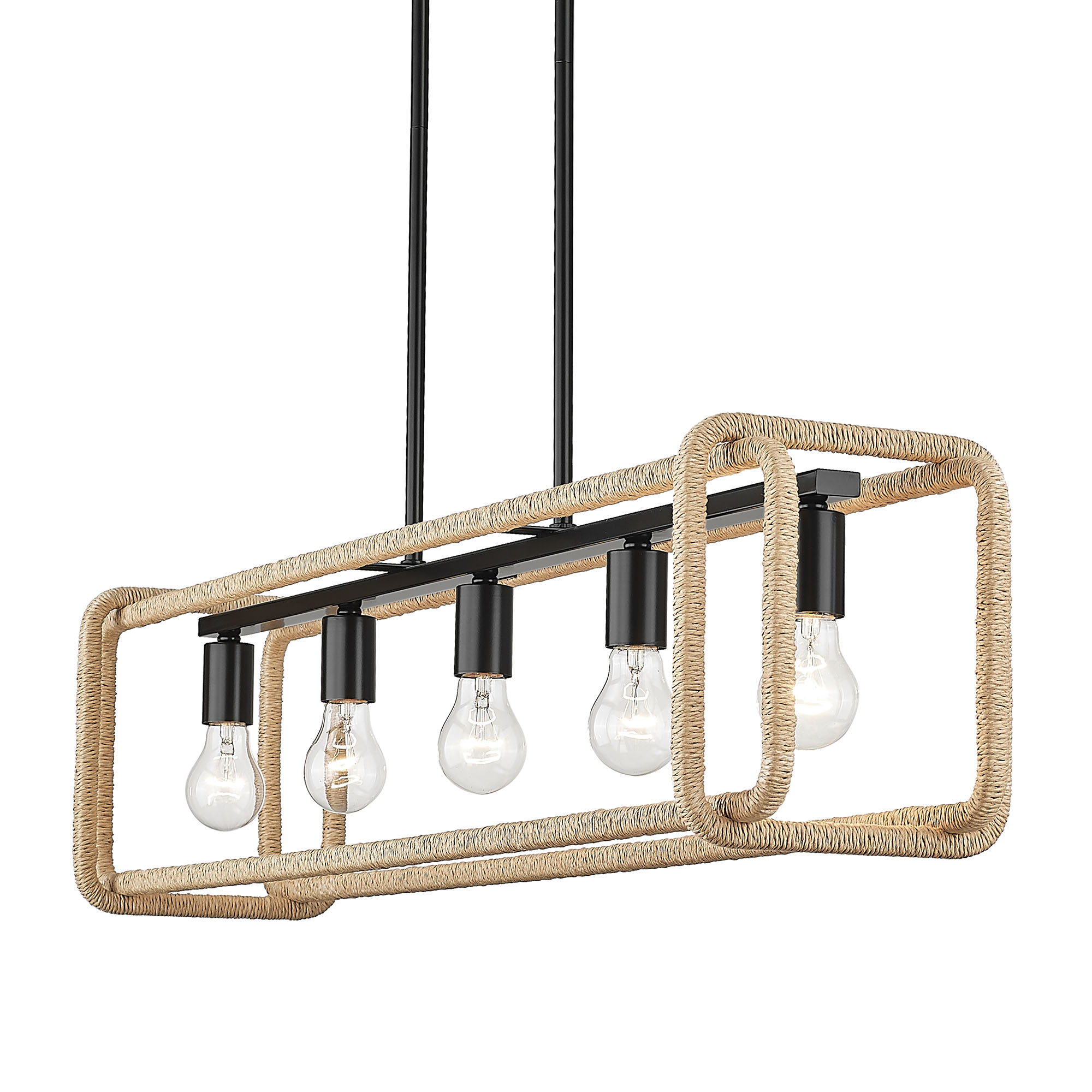 Photos - Chandelier / Lamp Wide Golden Lighting 6085-LP NR Camden 5 Light 41"  Linear Chandelier Matte Black / Natural Raphia Indoor Lighting Chandelier 