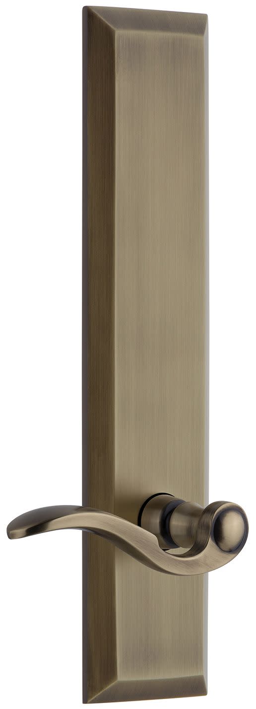Grandeur FAVBEL_TP_SD_NA_RH Fifth Avenue Solid Brass Rose Right Handed Tall Plate Single Dummy Door Lever with Bellagio Lever Vintage Brass Door