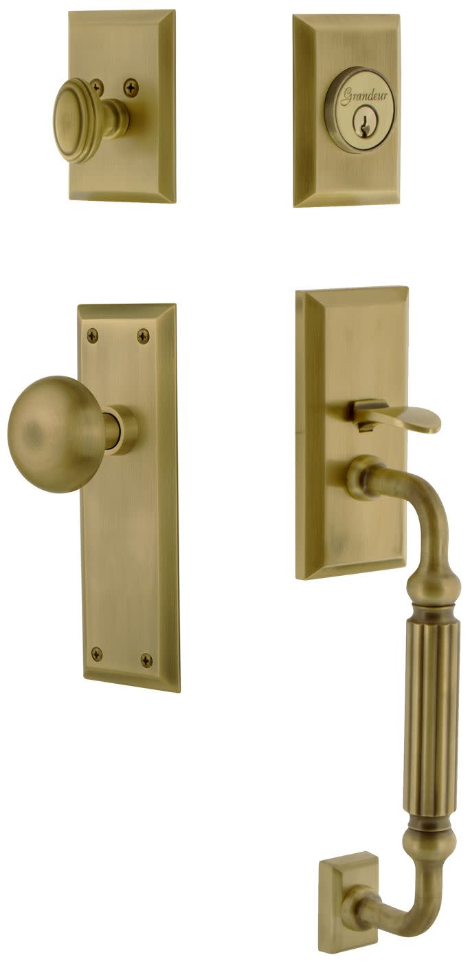 Photos - Interior Door A&D Grandeur FAVFAVESET238FG Fifth Avenue Solid Brass Rose Keyed Entry Single Cylinder "F" Grip Handleset with Fifth Avenue Knob 