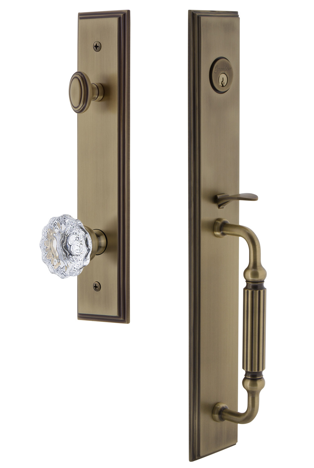 Photos - Interior Door A&D Grandeur CARFGRFONESET234 Carre Solid Brass Rose Keyed Entry Single Cylinder Full Plate "F" Grip Handleset with Fontaineblea 