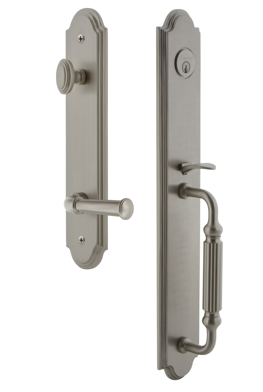 Photos - Interior Door A&D Grandeur ARCFGRGEOESET238LH Arc Solid Brass Rose Left Handed Keyed Entry Single Cylinder Full Plate "F" Grip Handleset with