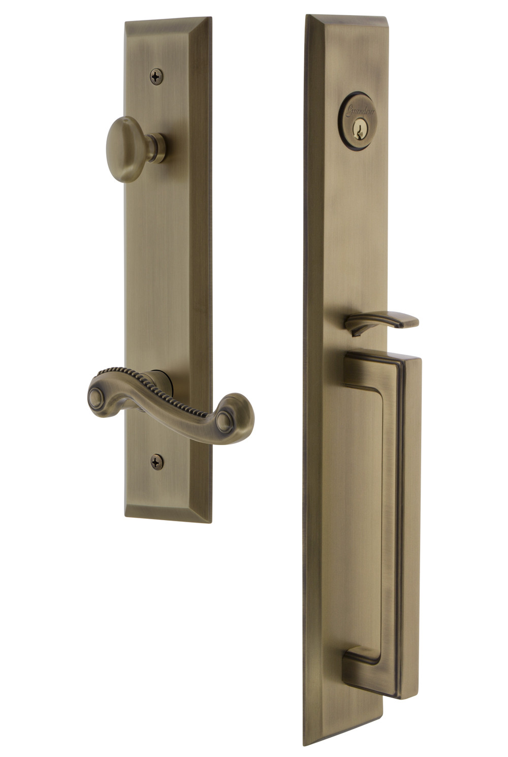 Photos - Interior Door MKW Grandeur FAVDGRNEWESET238LH Fifth Avenue Solid Brass Rose Left Handed Keyed Entry Single Cylinder Full Plate "D" Grip Handle