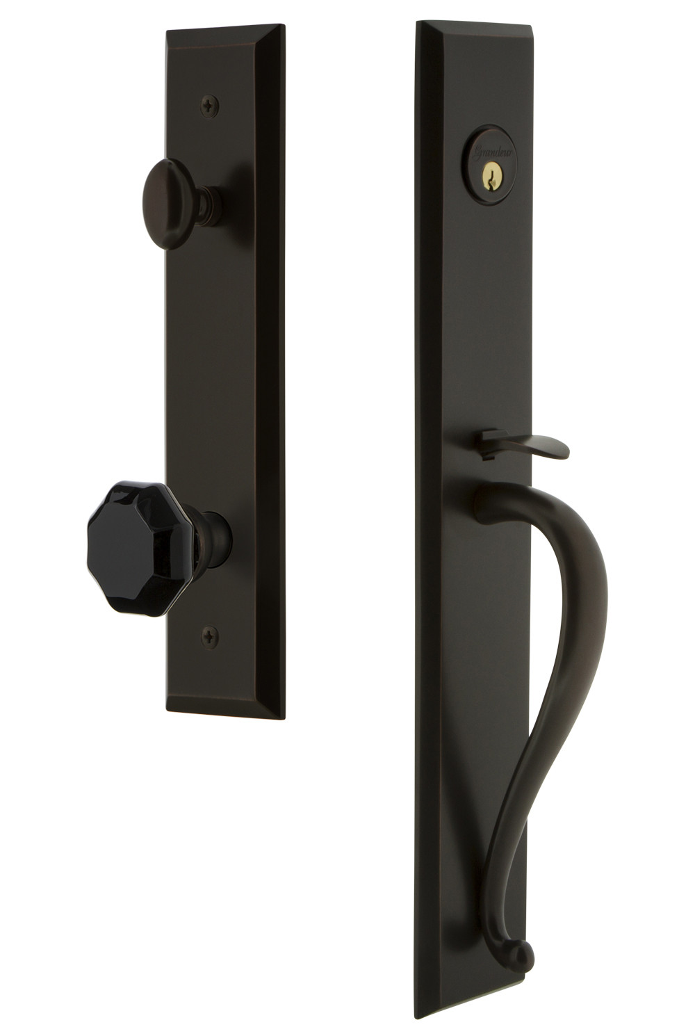 Photos - Interior Door MKW Grandeur FAVSGRLYOESET238 Fifth Avenue Solid Brass Rose Keyed Entry Single Cylinder 'S' Grip Handleset with Lyon Black Cryst