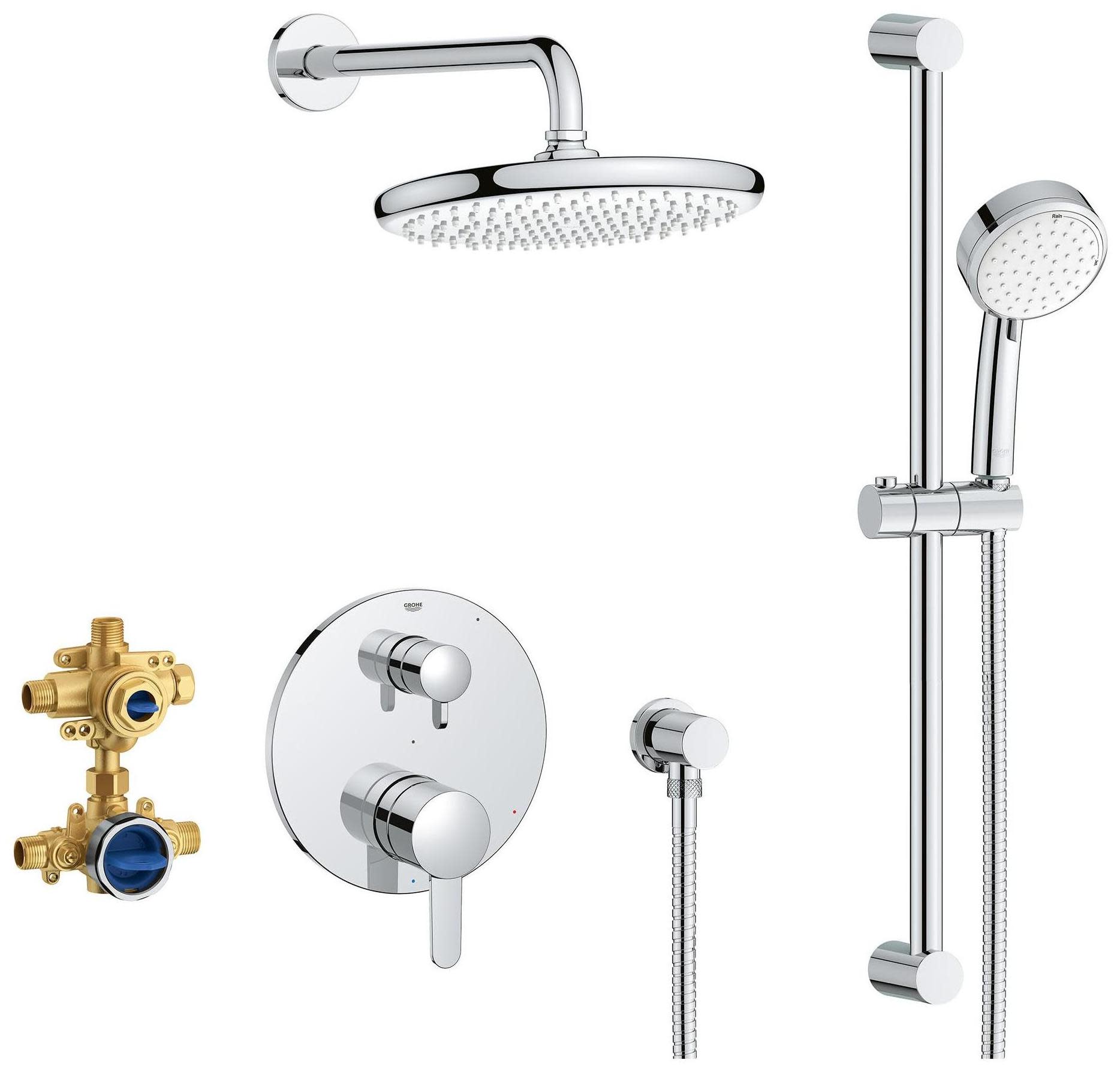 Grohe 29 428 Cosmopolitan Pressure Balanced Shower System with Shower Head Hand Shower Slide Bar Shower Arm Hose and Valve Trim Starlight Chrome